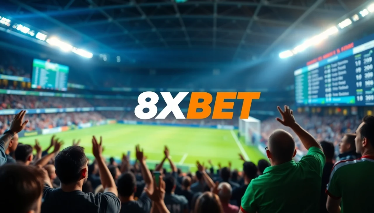 Engaging sports betting atmosphere at an event showcasing 8XBET logo and excited fans.